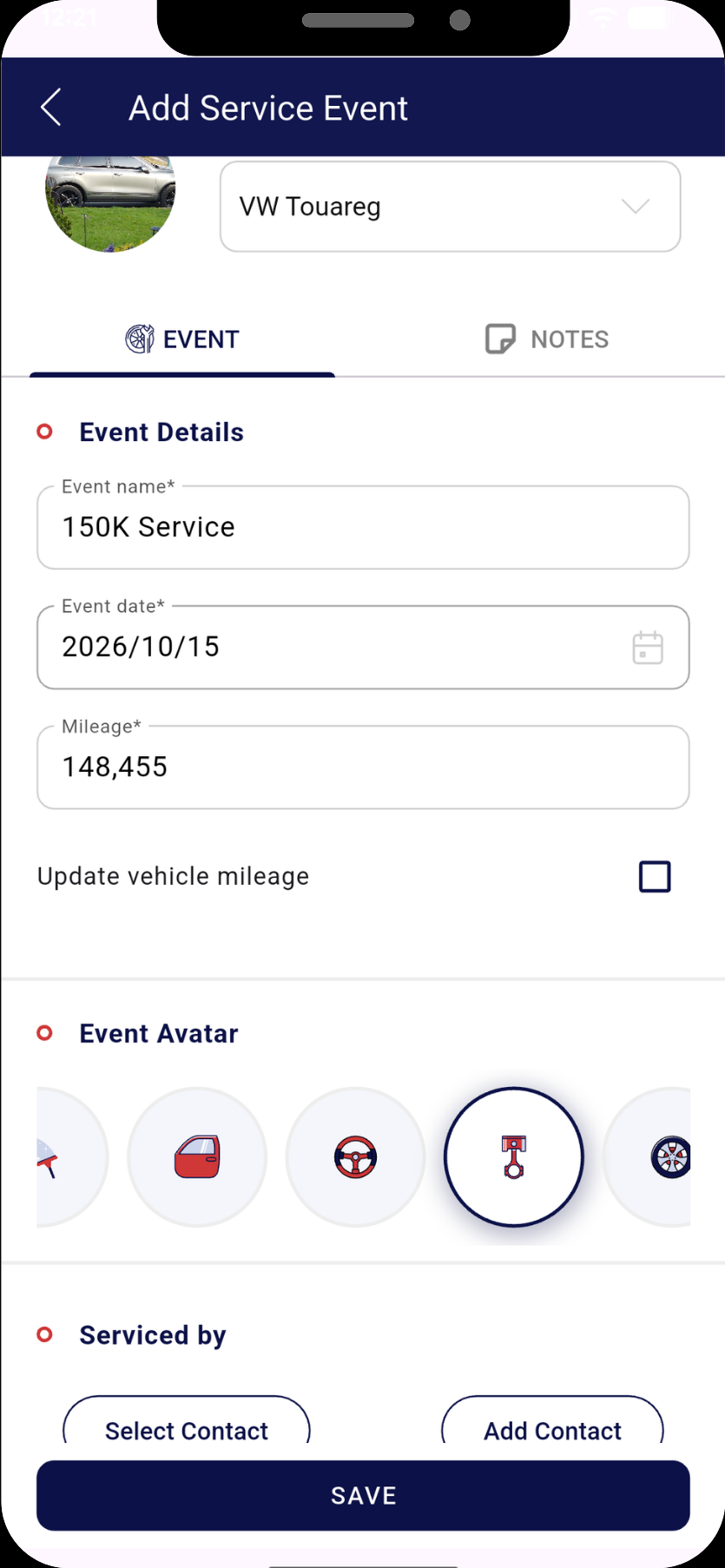 The MyRide901 Add Service Event form for a VW Touareg: an event named 150K Service, its date and mileage, an Event tab beside a Notes tab, a row of event icons and a Serviced by section.