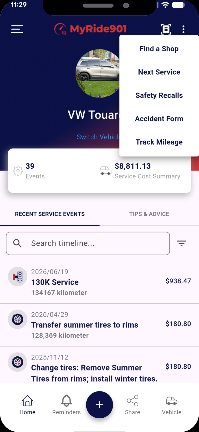 The MyRide901 home screen for a vehicle named VW Touareg: 39 events, an $8,811.13 Service Cost Summary, a searchable list of recent service events, and the MyToolKit menu.