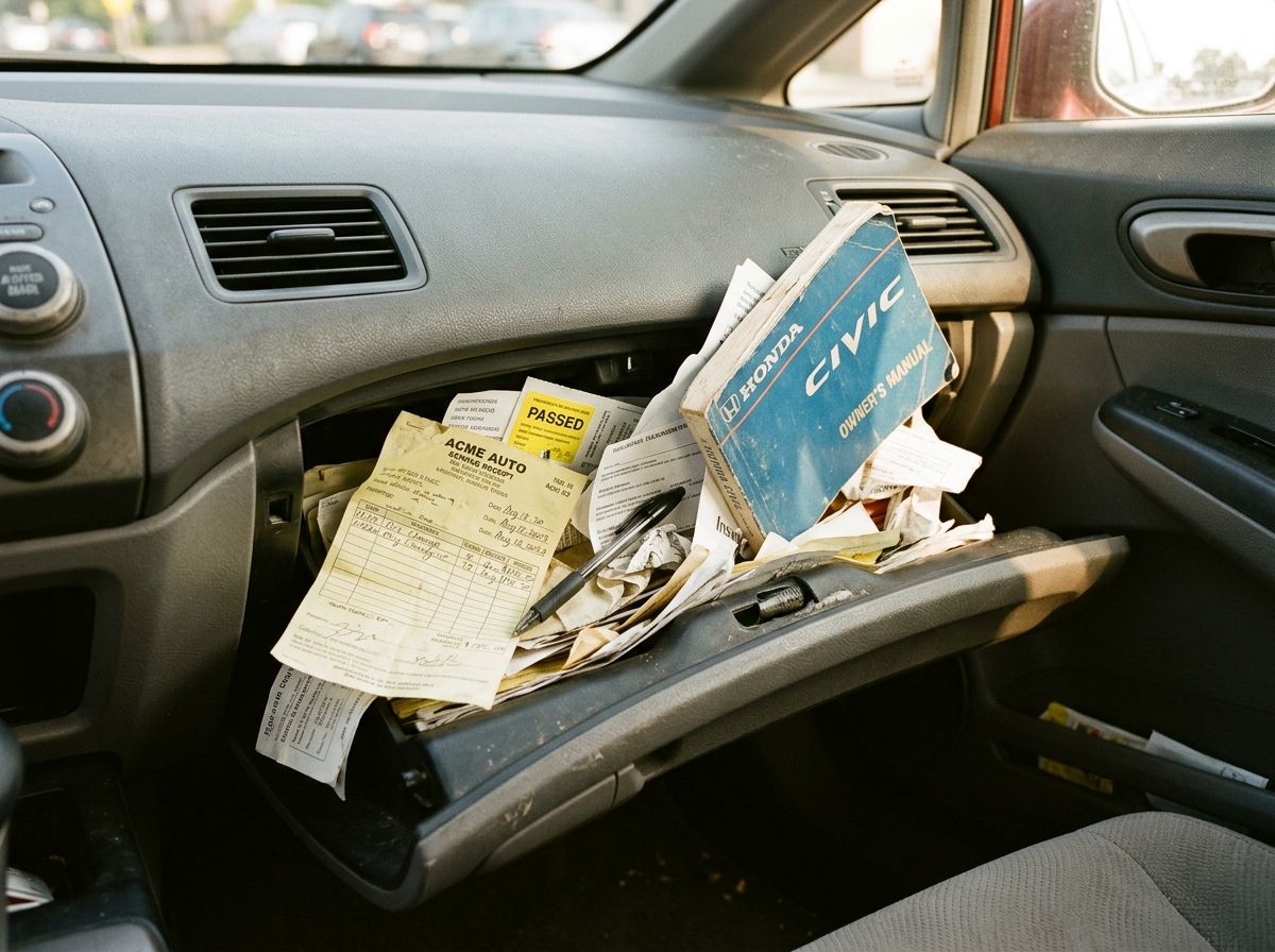 Car glove box overflowing with crumpled paper receipts and car manual