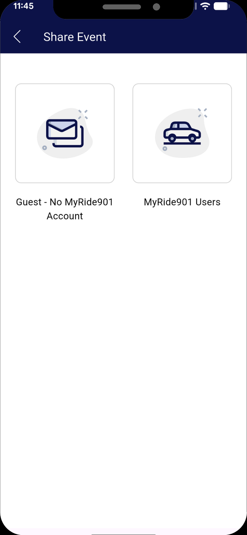 The MyRide901 Share Event screen, with two choices: a guest with no MyRide901 account, or MyRide901 users.