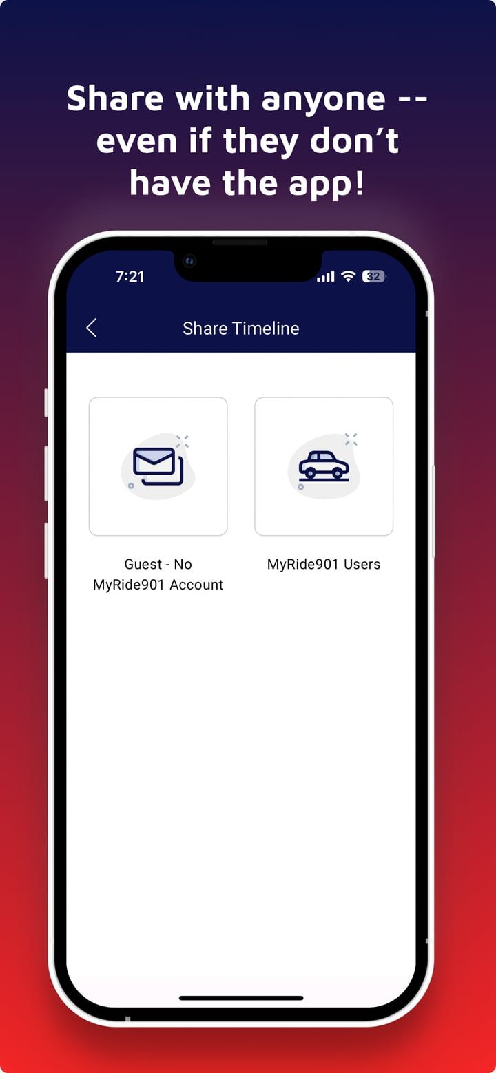 App Store artwork: “Share with anyone, even if they don’t have the app!”, over the Share Timeline screen.
