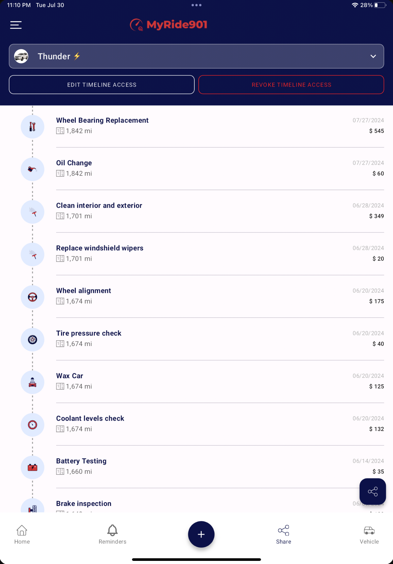 The MyRide901 timeline for a vehicle named Thunder: a wheel bearing replacement, an oil change, a wheel alignment and more, each with its date, mileage and cost.