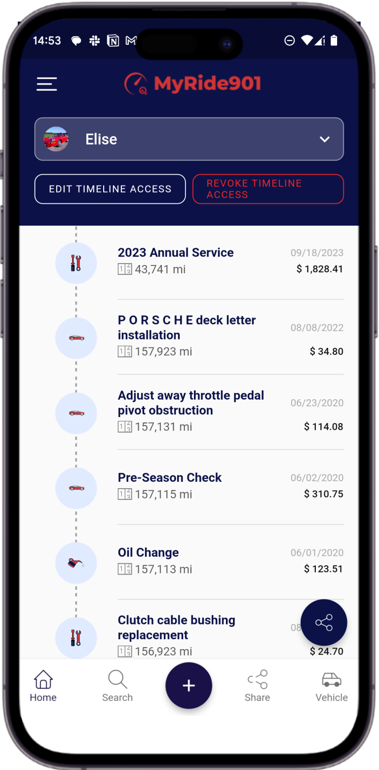 MyRide901 app screen displaying vehicle service timeline.