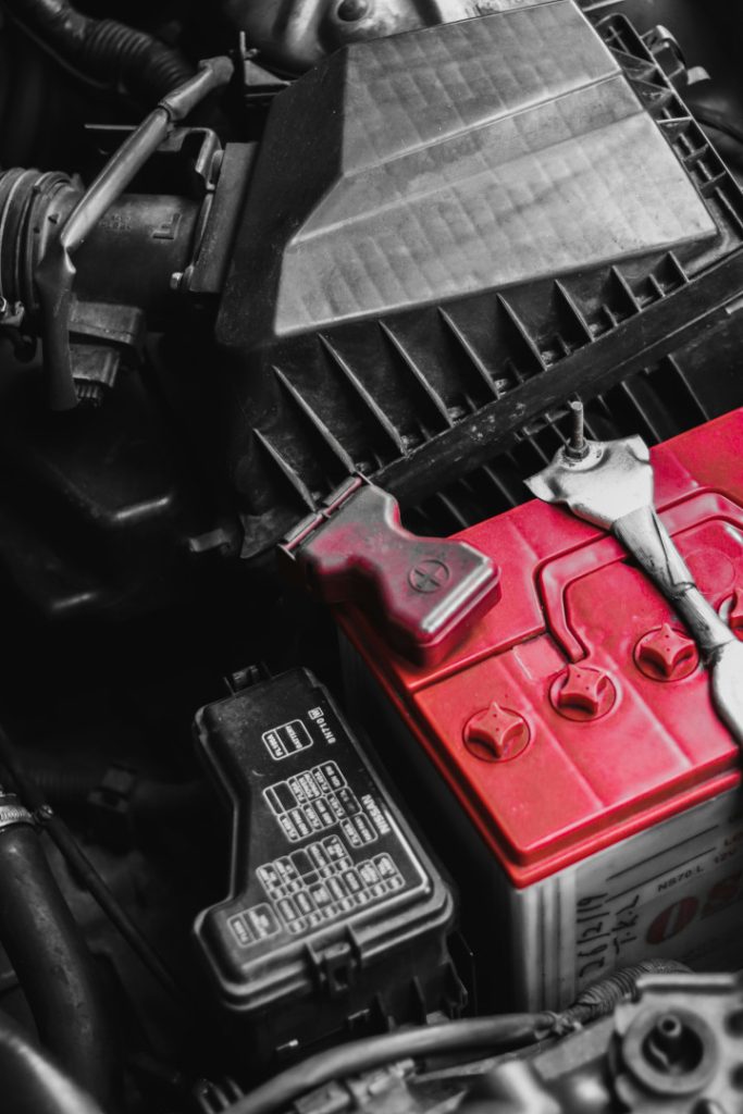 View of car battery installed in engine